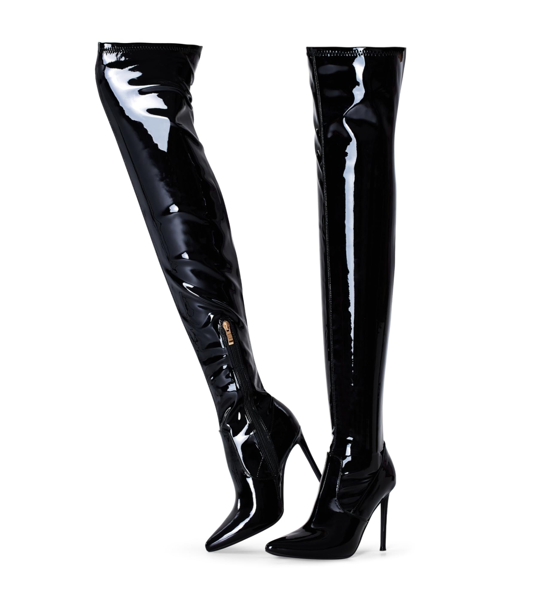 Photo 1 of Elisabet Tang Thigh High Boots Over the Knee Boots for Women,Sexy 4.3 inch Stilettos High Heels Boots Stretch Suede Long Pointed Toe Shoes Black Patent Suede Size 11