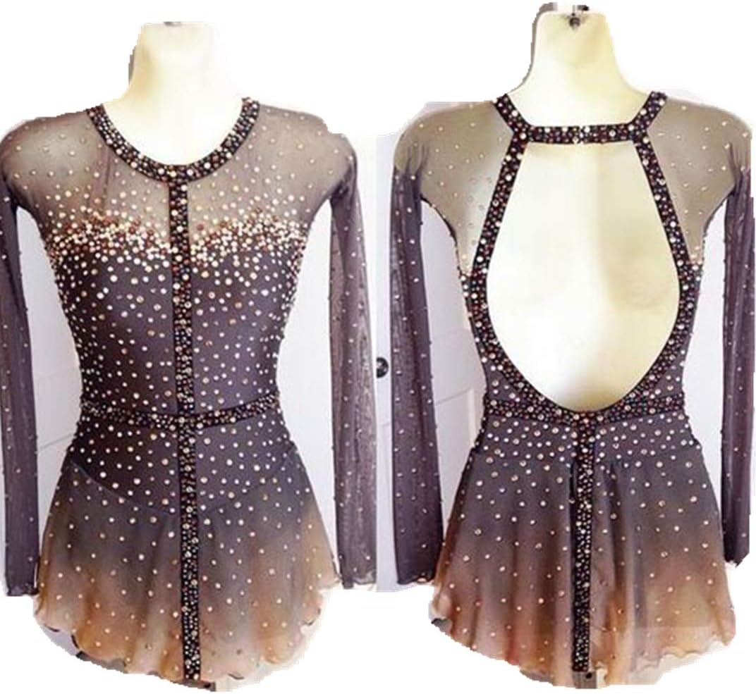 AngelWingTop Grey Figure Skating Dresses Women Competition Ice Skating Dress Custom Long Sleeves Spandex Crystals A047