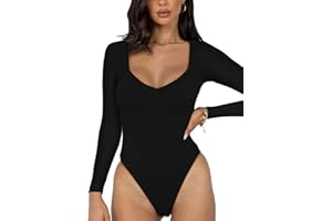 REORIA Women's Basic Sexy V Neck Double Lined Long Sleeve Slimming Going Out Thong Bodysuits Tops