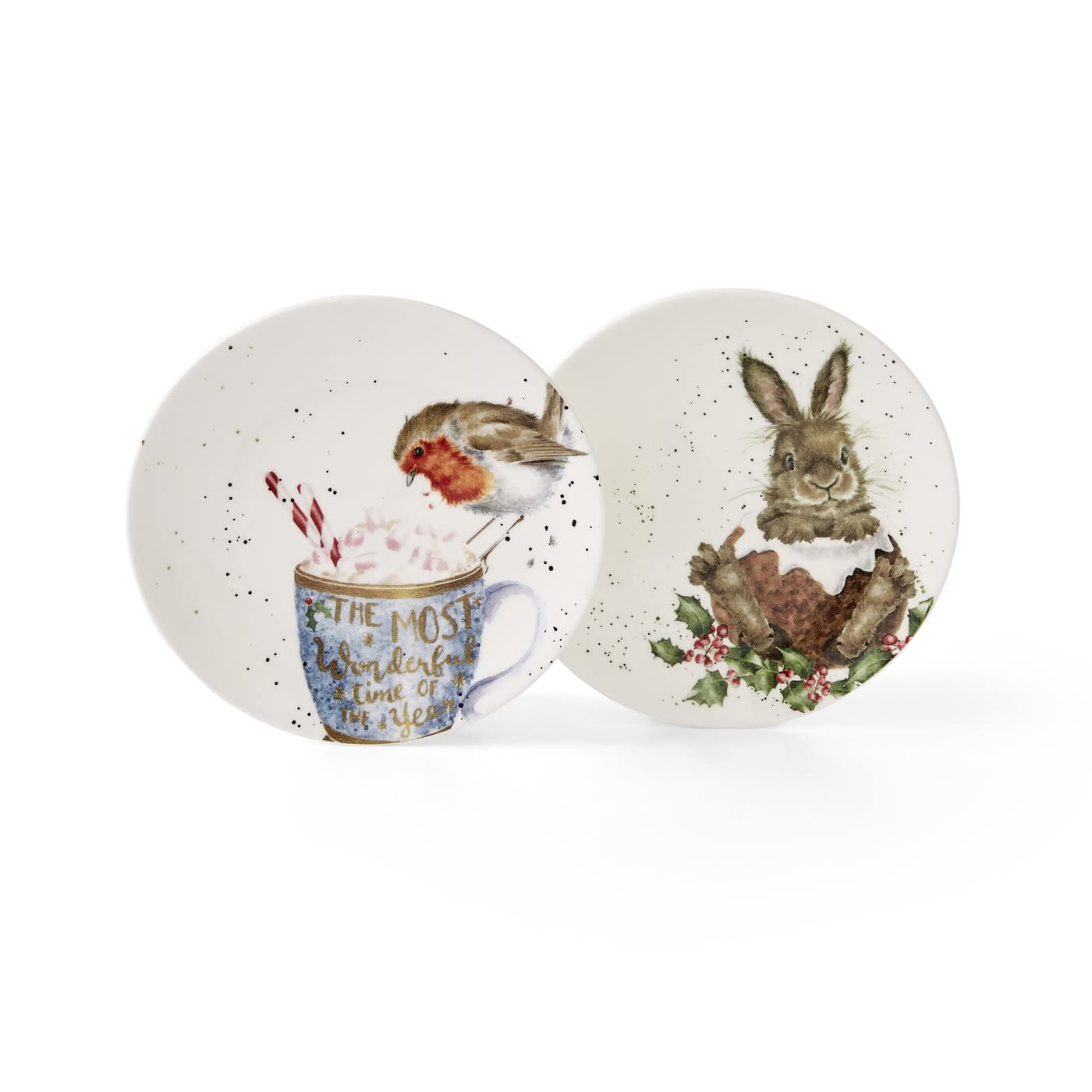 Royal Worcester Wrendale Deigns 16cm Festive Coupe Plate Robin and Bunny Set of 2