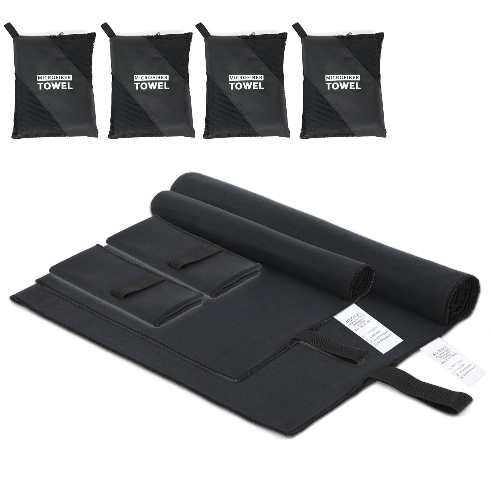 NUOYEE 4 Pack Quick Dry Microfiber Towels for Body S L XL Camping Towel Fast Drying Compact for Sea Beach Swimming Yoga Hiking Pack Travel Bathroom Towel(Black)
