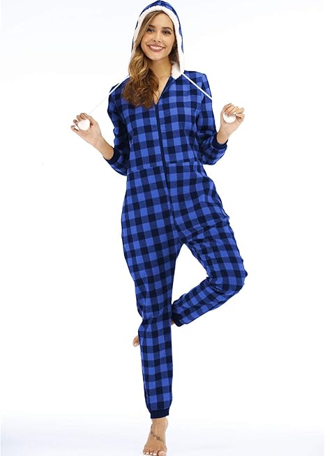 Amazon Co Jp 女性用フード付きワンピースパジャマレディースワンピースパジャマジャンプスーツコットンチェック柄パジャマ カジュアルラウンジウェアパジャマホームウェアs 2xl Blue And Black Grid Xxl ホーム キッチン