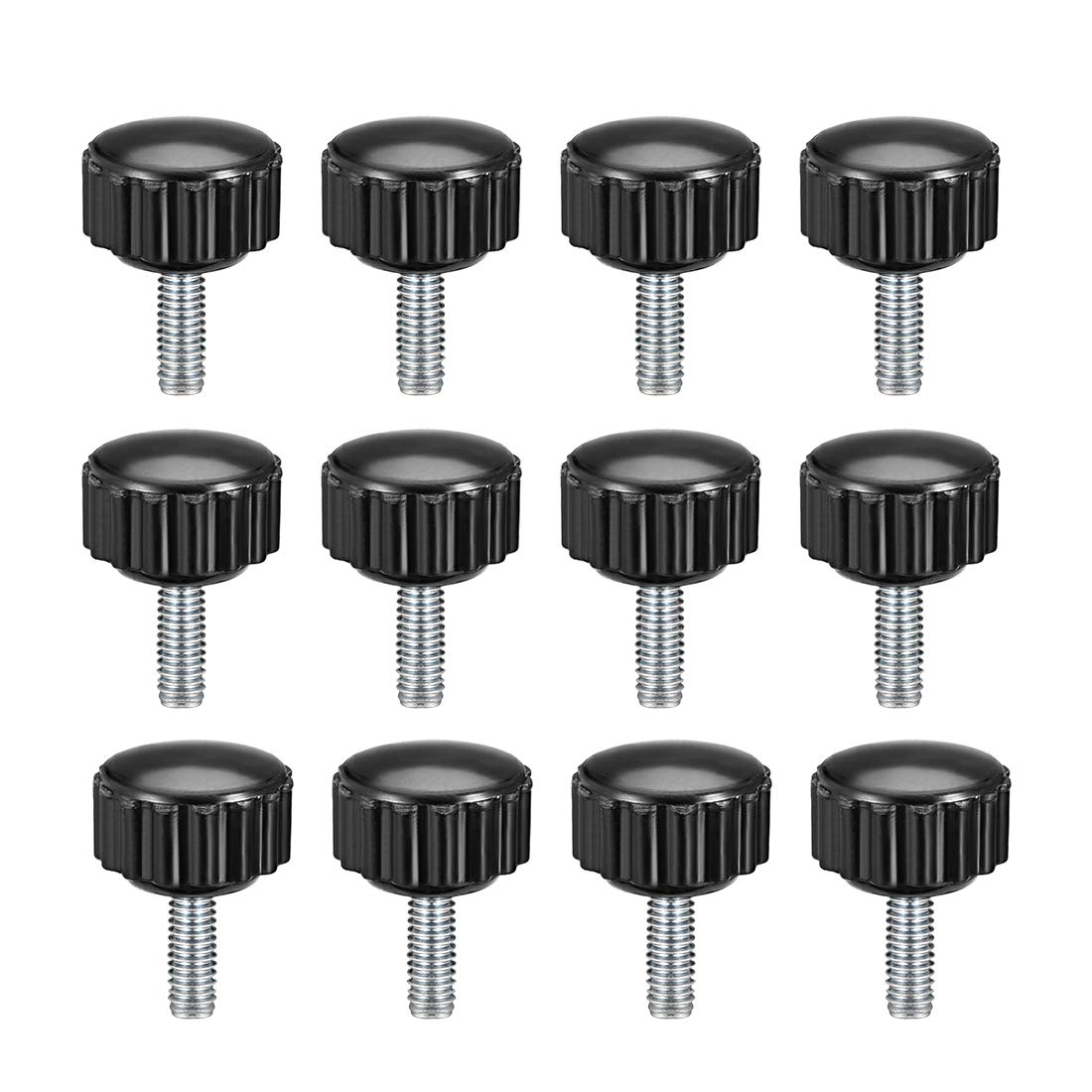 sourcing map M4 x 10mm Metric Male Thread Knurled Clamping Knobs Grip Thumb Screw on Type Plastic Threaded Hand Bolt Knobs Black 12 Pcs