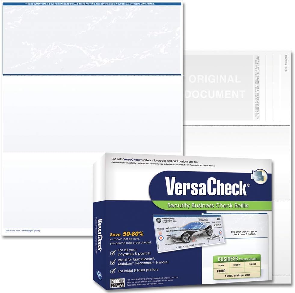 VersaCheck Secure Checks - 500 Blank Business Voucher Checks - Blue Prestige S - 500 Sheets Form #1000 - Check on Top : Office Products