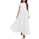 HOSIKA Girls Vintage Chiffon Ruffle Sleeve A-Line Wedding Party Maxi Junior Bridesmaid Dress for Kids 6-12 Years
