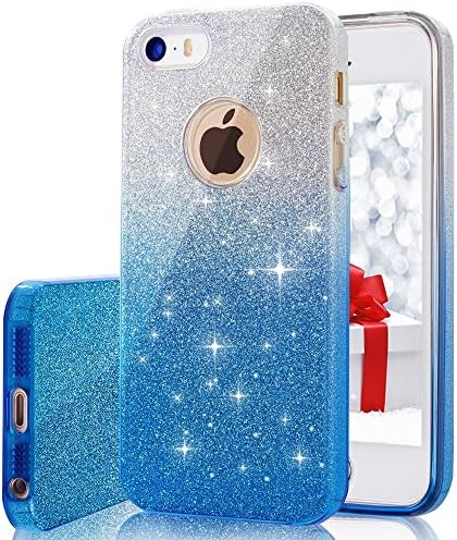 iPhone 5S Case,JEPN Girls Shiny Glitter Case [Bling Crystal Clear][Extremely Sparkly], Back Cover Shinning Protective Bumper Bling Glitter Case for Apple iPhone 5 5S SE(Blue)