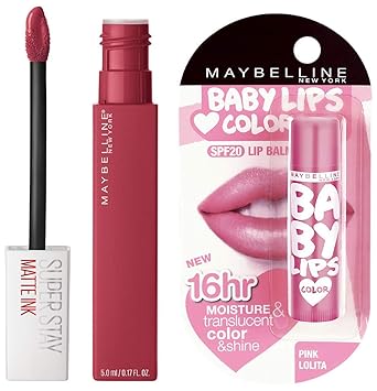 Maybelline New York Super Stay Matte Ink Liquid Lipstick, Ruler, 5ml + Maybelline Baby Lips, Pink Lolita, 4g