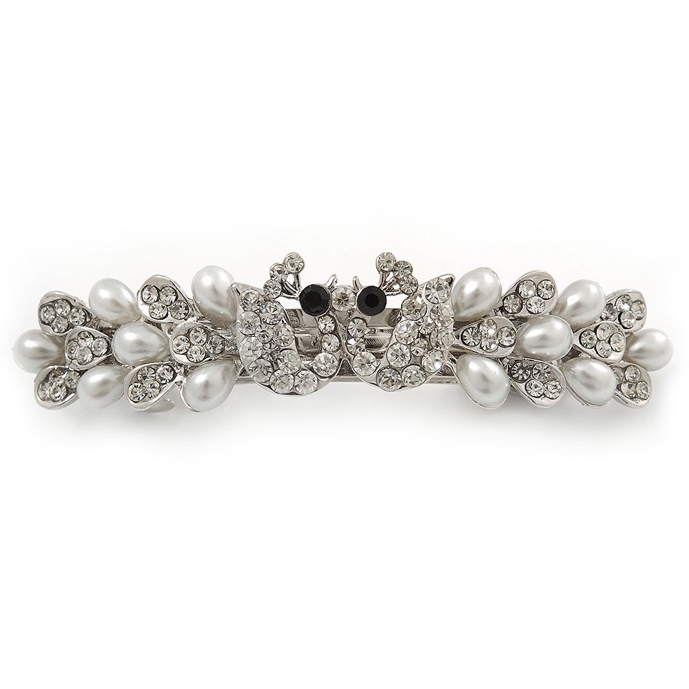 Bridal Wedding Prom Silver Tone Simulated Pearl Crystal 'Love Birds' Barrette Hair Clip Grip - 90mm Width