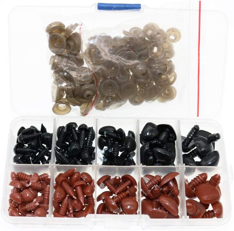 BITEYI Plastic Colorful Safety Smooth Noses with Washers,130 Pcs 8-16mm DIY Craft Noses for Making Doll,Puppet,Plush Animal Works (BlackBrown)
