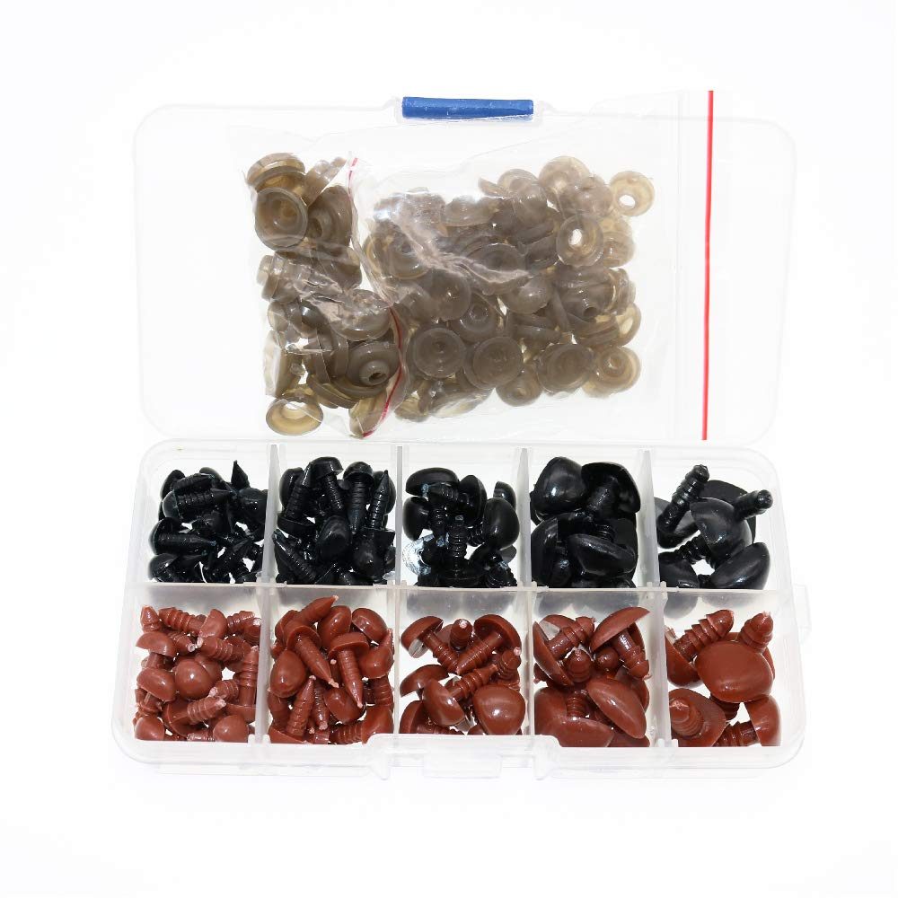 BITEYI Plastic Colorful Safety Smooth Noses with Washers,130 Pcs 8-16mm DIY Craft Noses for Making Doll,Puppet,Plush Animal Works (BlackBrown)