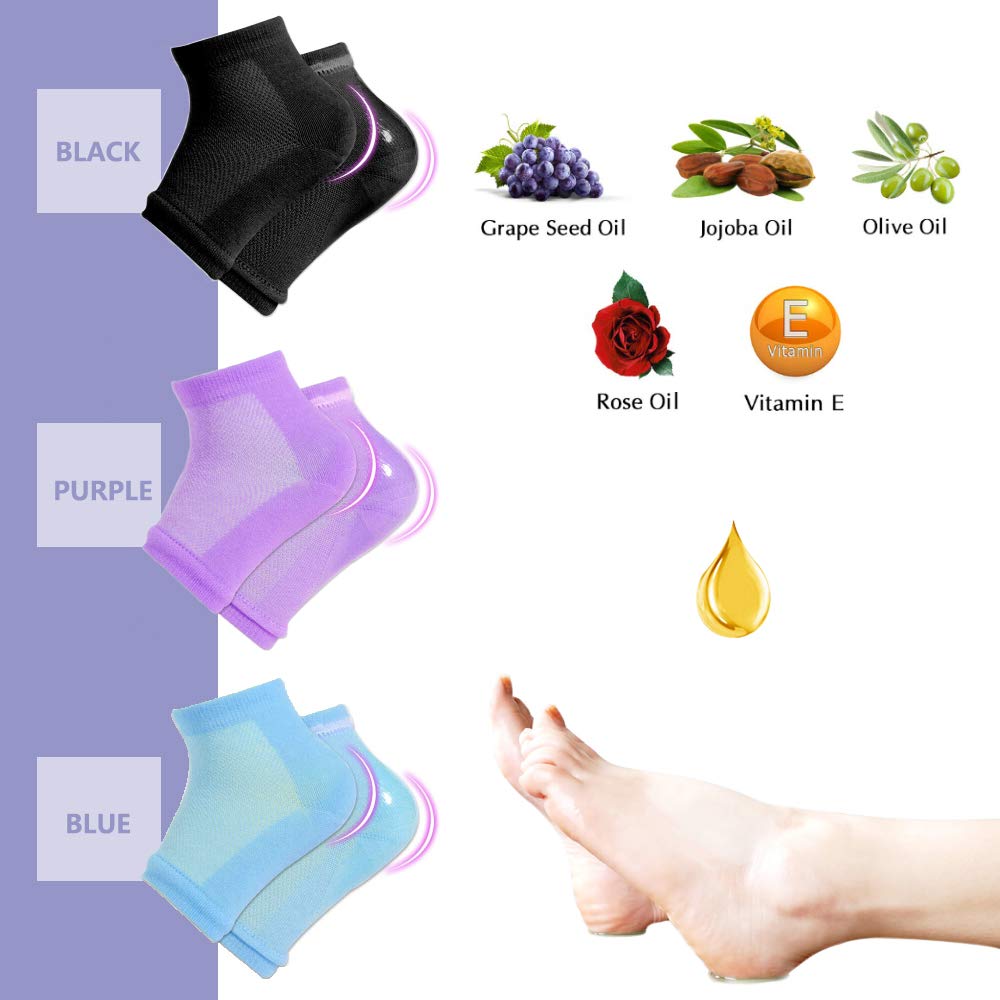 Moisturizing Socks, 3 Pairs-Moisturizing/Gel Heel Socks for Dry Cracked Heels, Open Toe Socks, Ventilate Gel Spa Socks to Heal and Treat Dry, Gel Lining Infused with Vitamins (Blue, Purple, Black) : Beauty
