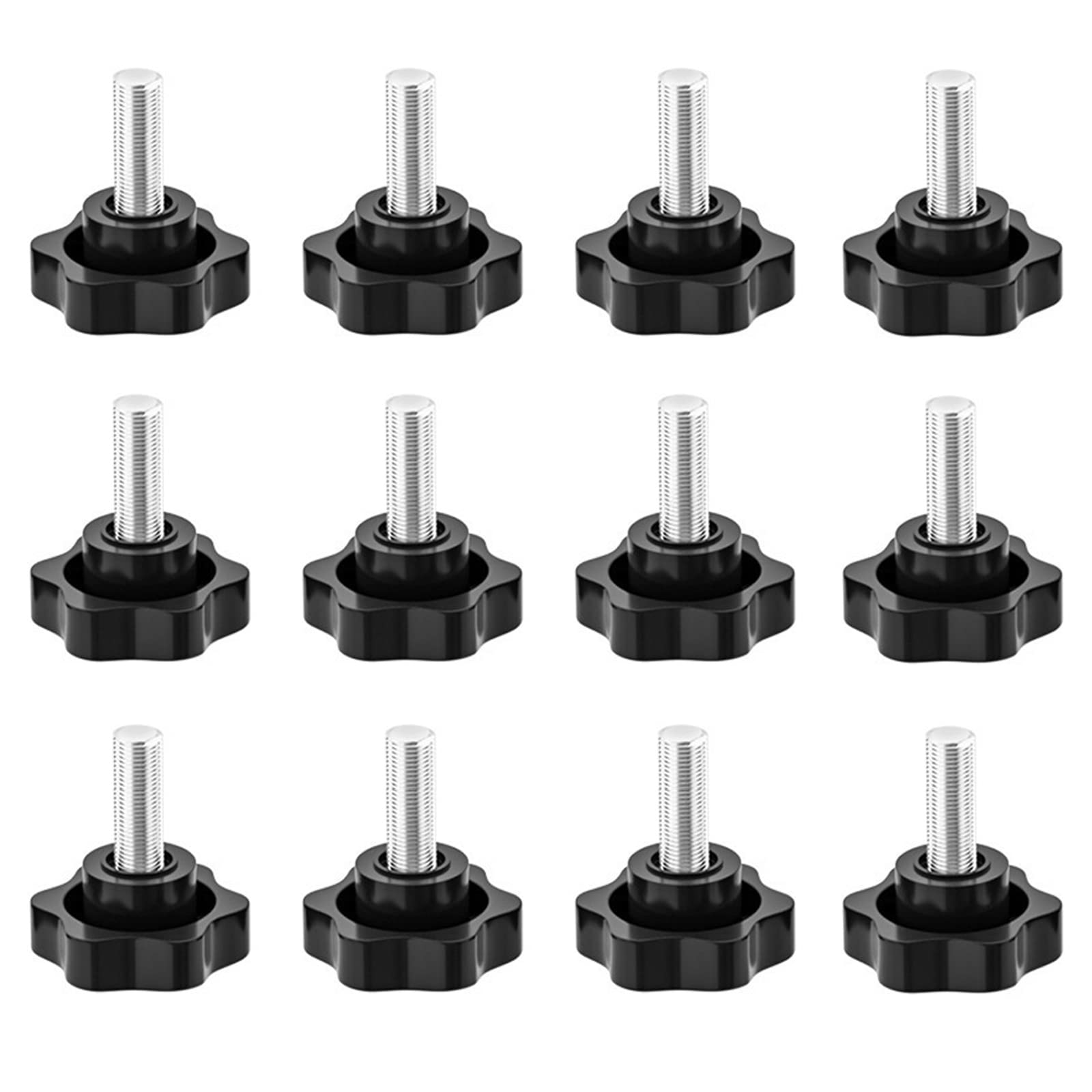 WUDQIJI M6 x 20 mm Star Screw, Pack of 12, Knurled, Sturdy Plastic & Carbon Steel, Galvanized Surface, Fully Threaded, for Machine Tools & Industrial Equipment, Black