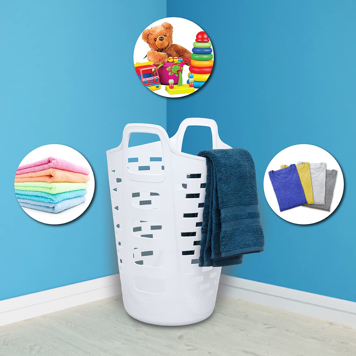 Clorox Flexible Laundry Basket - Tall Plastic Hamper for Clothes, Bedroom, and Storage - Portable Round Bin with Carry Handles, 2 Bushel, White