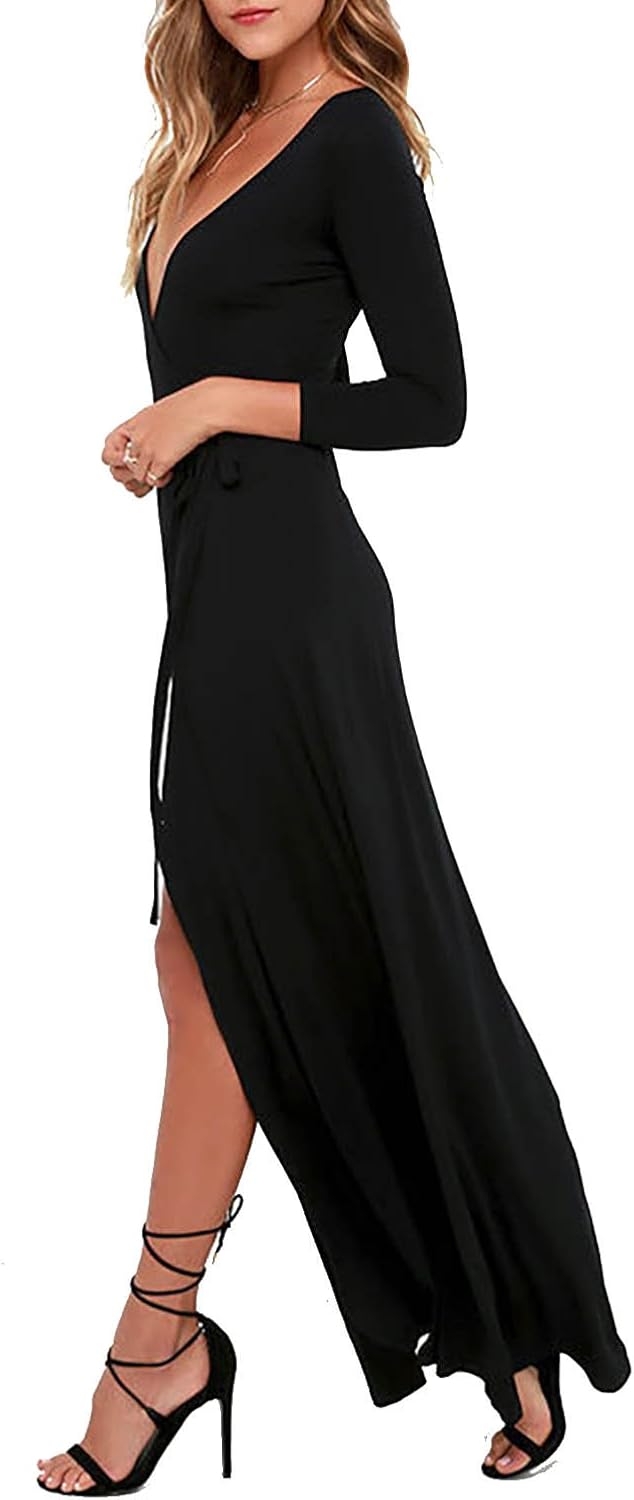 Vivicastle Women's USA Sexy Long Sleeve Tulip Wrap Slit Front Full Long Maxi Dress at  Women’s Clothing store