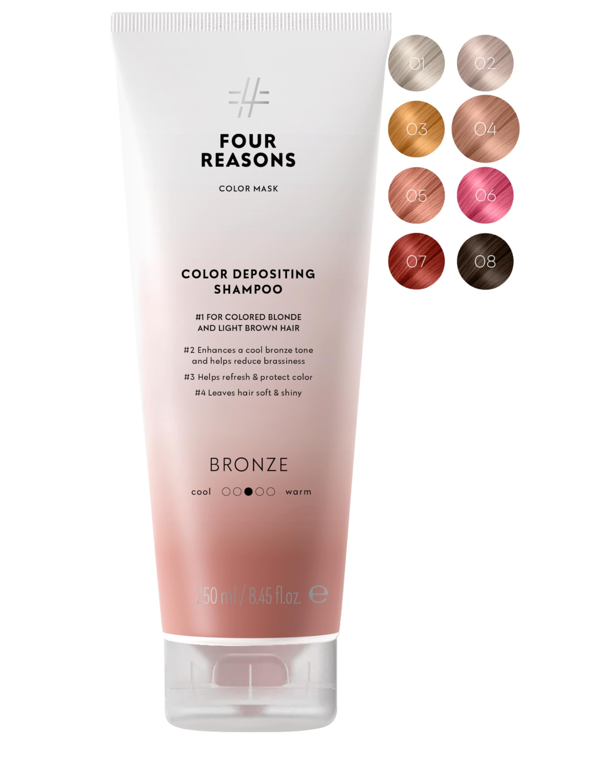 FOUR REASONS Hair Color Shampoo, Bronze (8 Colours) - Light Brown Hair Toner & Colour Depositing Shampoo, Hair Colour Shampoo for Women - Blonde, Semi Permanent Hair Toner, Sulfate Free, Vegan, 250 ml — image 1