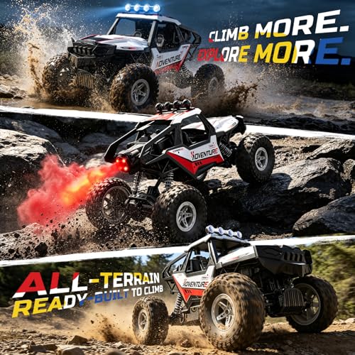 DEERC DE125 1:14 RC Rock Crawler, 4WD Remote Control Off-Road Monster Truck with Mist Spray, Metal Body Shell, LED Lights, 2.4GHz All-Terrain Car, 2 Batteries, Gifts for Kids & Adults