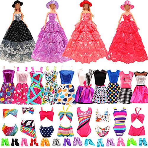 Miunana 27 pcs Girl Doll Clothes and Accessories, 3 Doll Fashion Party Dress Hat + 6 Doll Clothes + 6 Suspender Skirt + 3 Summer Swimsuit + 10 Doll Shoes for 11.5 inch Doll