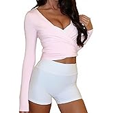 Women Pilates Wrap Top Long Sleeve Workout Yoga Shirt Cross Self Tie Going Out Crop Tops