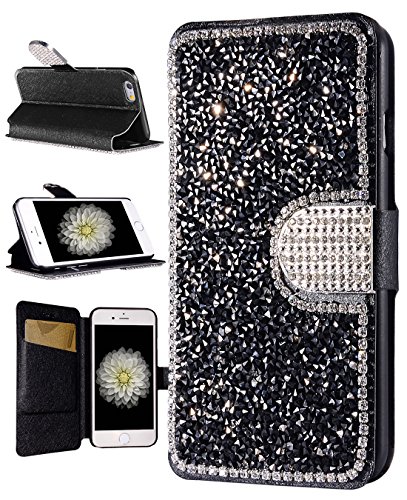 iPhone 6s Plus Case, FLYEE Handcraft Luxury Bling Rhinestone Wallet Case Ultrathin Magnetic Kickstand Crystal Leather Book Cover for Apple iPhone 6s/iPhone 6 Plus 5.5 Inch-Black