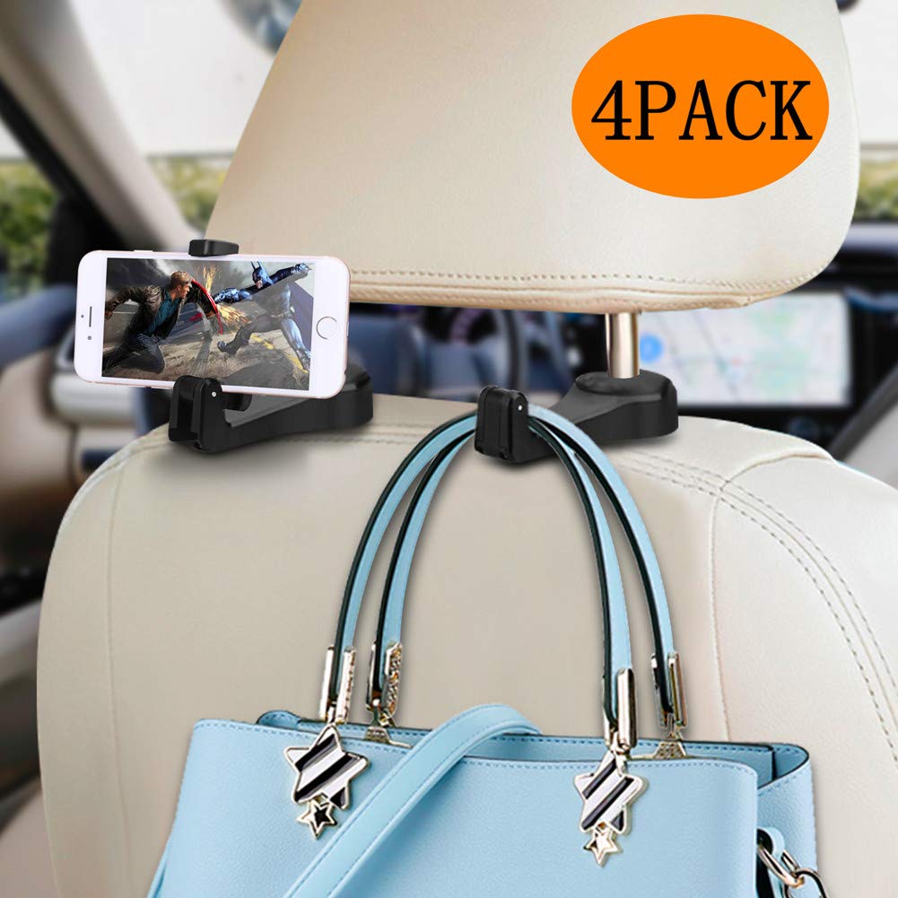 Car Headrest Hook with Phone Holder Normei 2 in 1 Auto Vehicle Back Seat Headrest Hanger Hooks for Purse Luggage Bags Cloth Grocery (2 Pack)