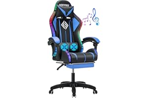 HOFFREE RGB Gaming Chair with Speakers Massage Computer Gaming Chair with LED Lights and Footrest High Back Video Game Chair for Adults Blue and Black