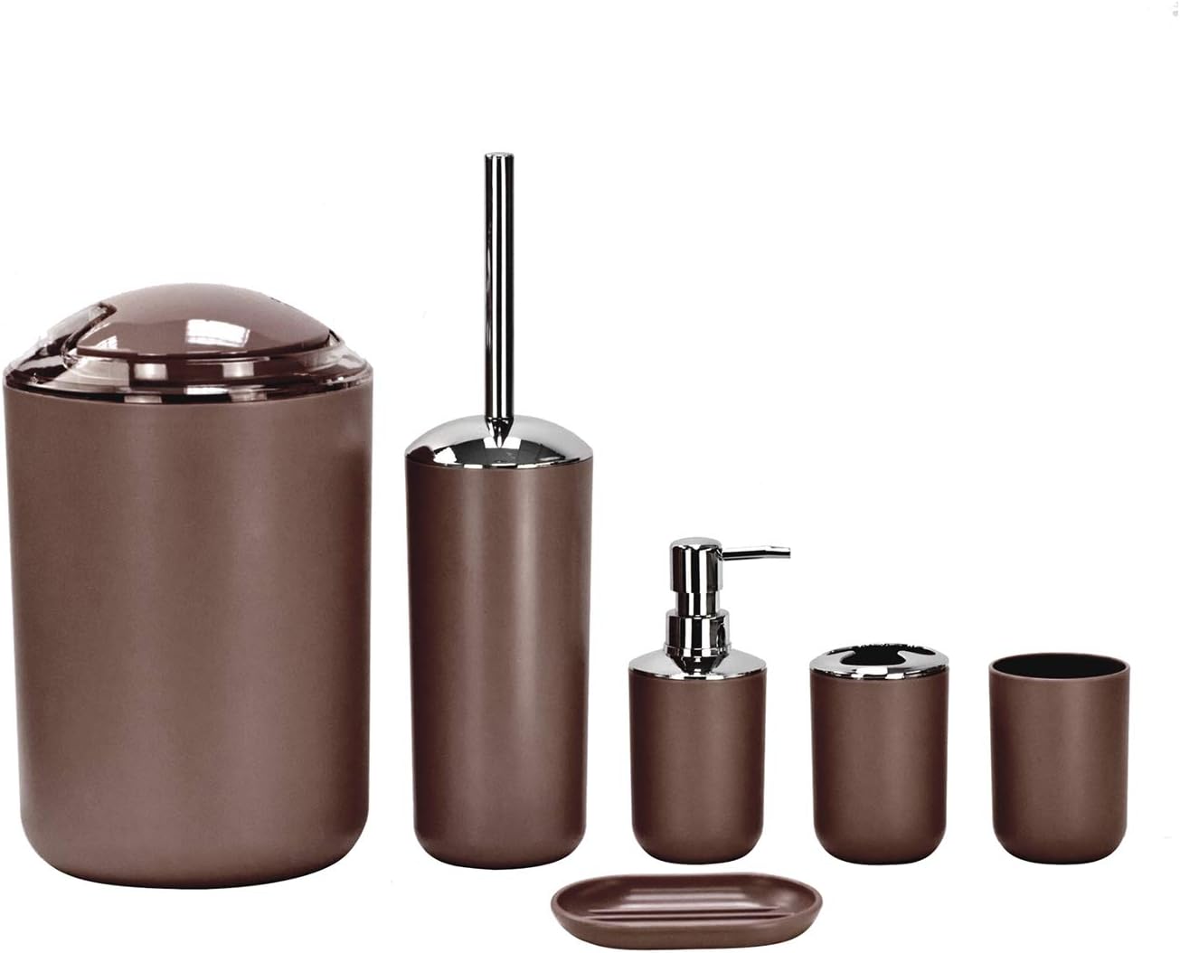 6pc Bathroom Accessories Set - Lotion Dispenser, Soap Dish, Holder, Tumbler and Bin (Brown)