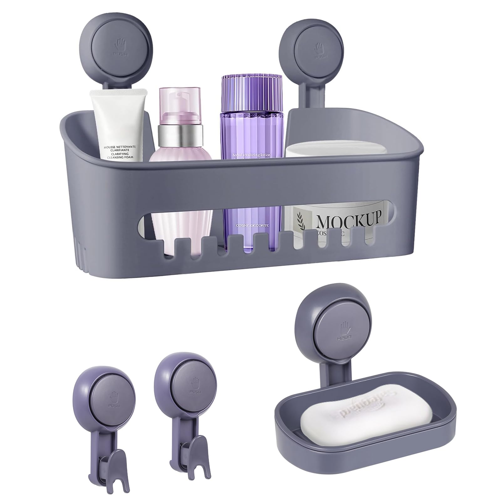 Uten Suction Cup Shower Caddy, Soap Dish, Bathroom Hook -Drill-Free Storage Basket, Removable Shower Shelf Storage Basket, 4-in-1 Bathroom Set, Grey