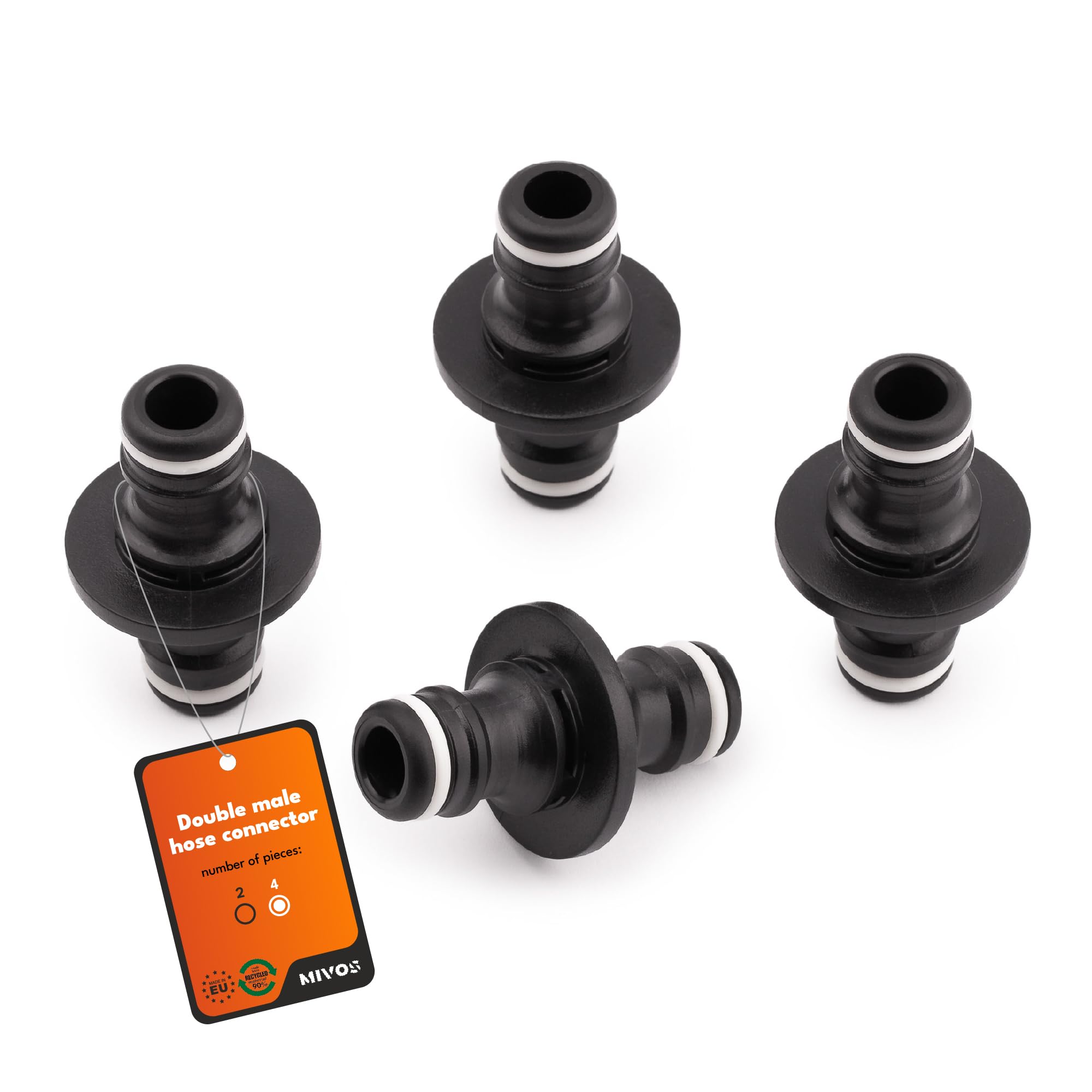 Mivos 4 x Hose Connector Plugs Made of 90% Recycled Plastic, Double Plug for Garden Hoses, Hose Coupling for Connecting Two Water Hoses, Hose Connector