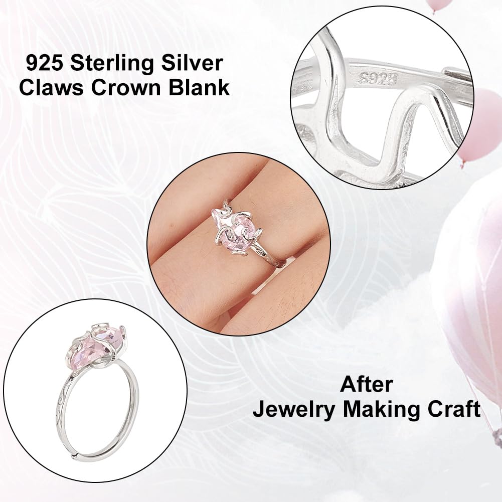 PH PandaHall 925 Sterling Silver Adjustable Ring Base, Claw Ring Blank Ring Gem Holder Finger Rings Bezel Setting with 5 Prongs for Women Crystal Rocks Cabochons Rhinestones Ring Mother's Day
