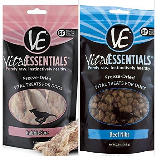 Vital Essential Freeze Dried Dog Treat Bundle (Rabbit Ears, Beef Nibs) Nutrient Packed Dog Snacks