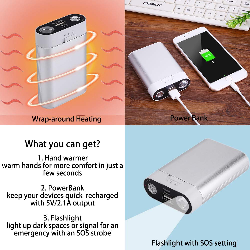 Alfway 7800mah HotPocket Rechargeable Hand Warmers with USB Power Bank and LED Flashlight Lasts 6-7 Hours,Color Silver