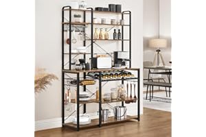 Yaheetech 43.5" W Kitchen Bakers Rack with Pull Out Wire Basket, 8 Tiers Microwave Stand Coffee Bar Station w/Wine Rack & Glass Holder & 12 Hooks, Utility Storage Shelf for Dining Room, Rustic Brown