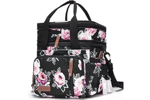 Lunch Bag Women Flower Insulated Lunch Box for Work, Expandable Large Lunch Bag, Leakproof Double Deck Lunch Box Cooler Bag w