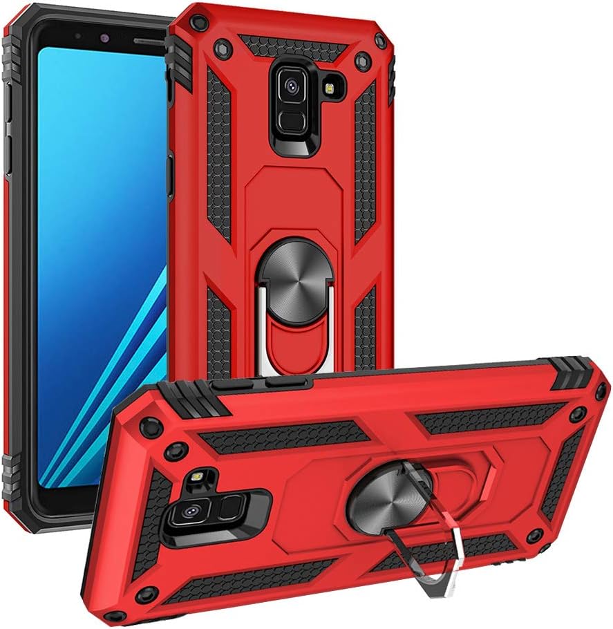 Umhlaba Galaxy A8 2018 Cover Compatible with Samsung GaxalyA8 Phone Case Roating Ring with Kickstand Armor Heavy Duty Glaxay A 8 Protective Cases Bumper Fit Magnetic Car Mount Skin 5.6 inch (Red)