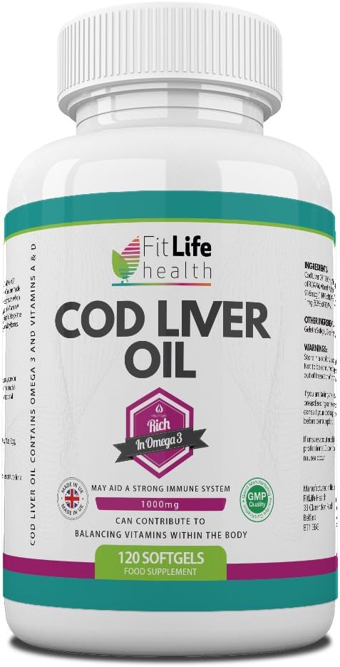 Cod Liver Oil Health Supplement by Fit Life Health - 1000mg - 120 Softgels - Three-Month Supply - Promotes Healthy Heart, Skin, Joints - Made in UK