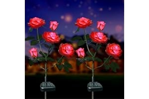 XLUX Outdoor Solar Powered Rose Lights, Decorative Flower lamp, for Garden Yard Patio Pathway Lighting, Rainproof, Red 2 Pack