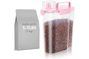 LEAWALK 5Lbs Dog Cat Storage Container Portable with Upgraded Large Spout and Cup,Plastic Pet Food Dispenser for Small Animal Kibble,Bird Seed,Oatmeal,Rice,flour,brown sugart- Light Pink