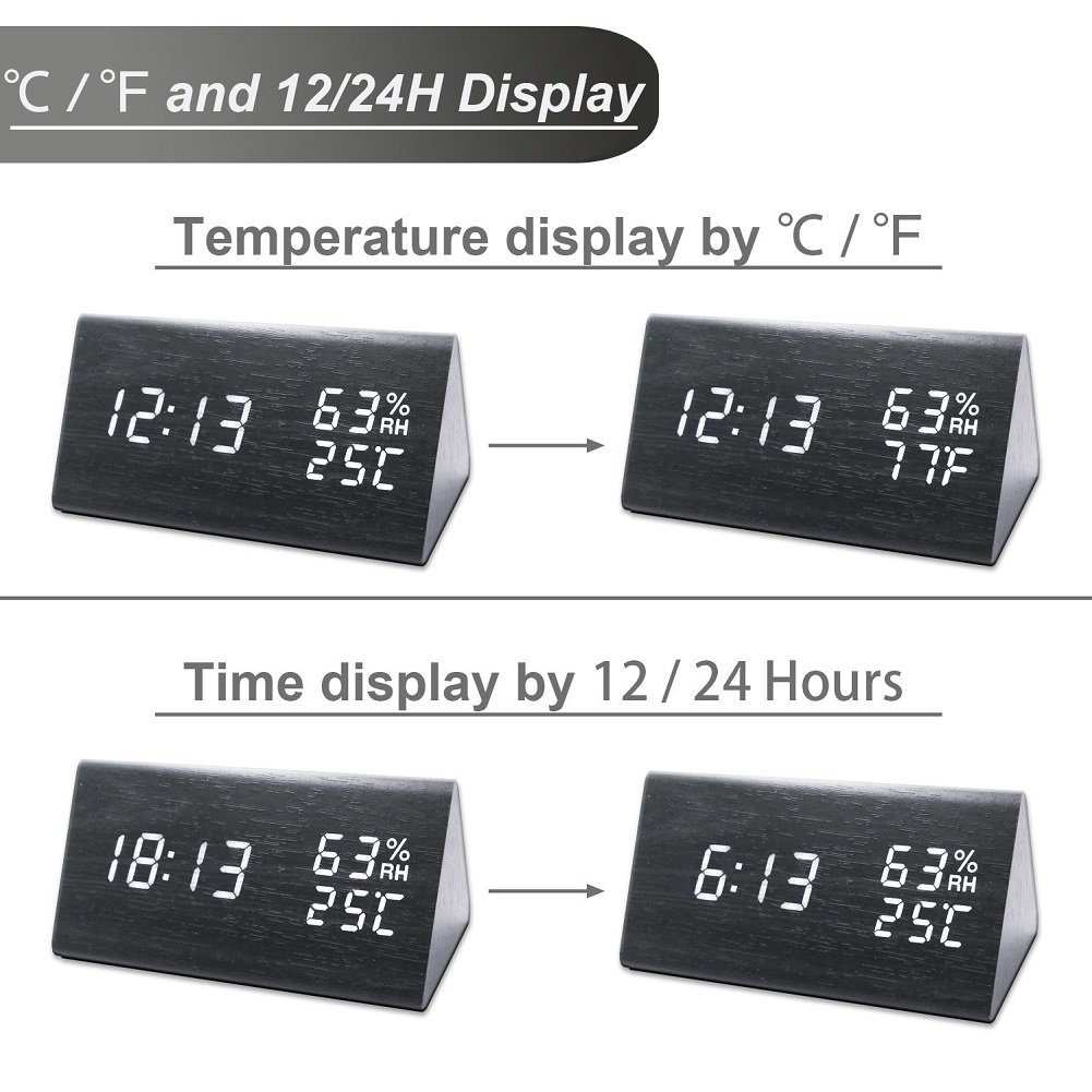 Digital Alarm Clock by 2013newestseller,Wood Alarm Clock, Dual Time (12/24) Mode, Three Alarm Sets, Date LED Display, 3 Levels Brightness, Temperature and Humidity Wood Grain Clock for Bedrooms