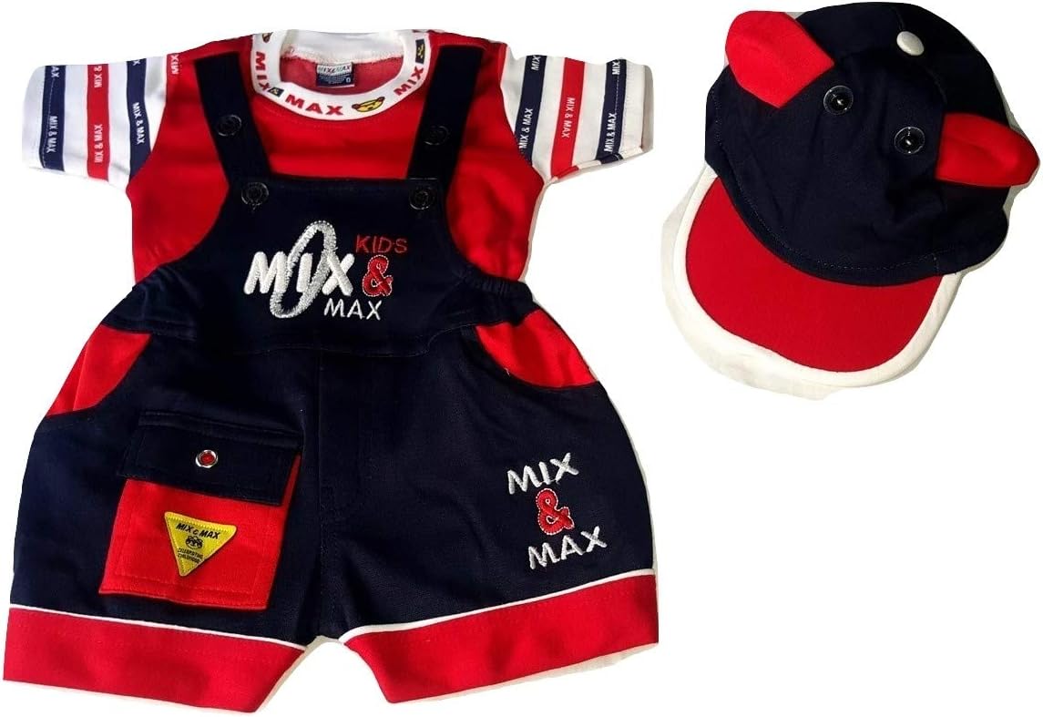 little PANDABaby Boy's Cotton Clothing Set Of Embroidered Dungaree, T-Shirt & Cap