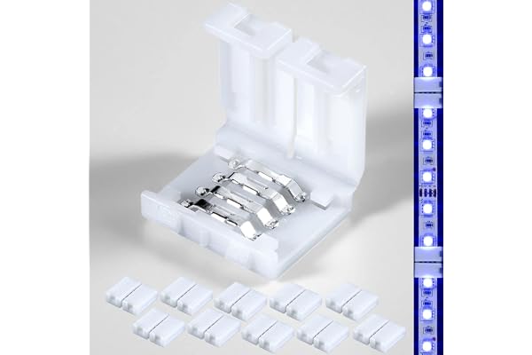 10-Pack 4 Pin LED Connector for 10mm RGB LED Strip Lights, Solderless Clamp Type Gapless Joiner for 5050 LED Tape, Strip-to-S