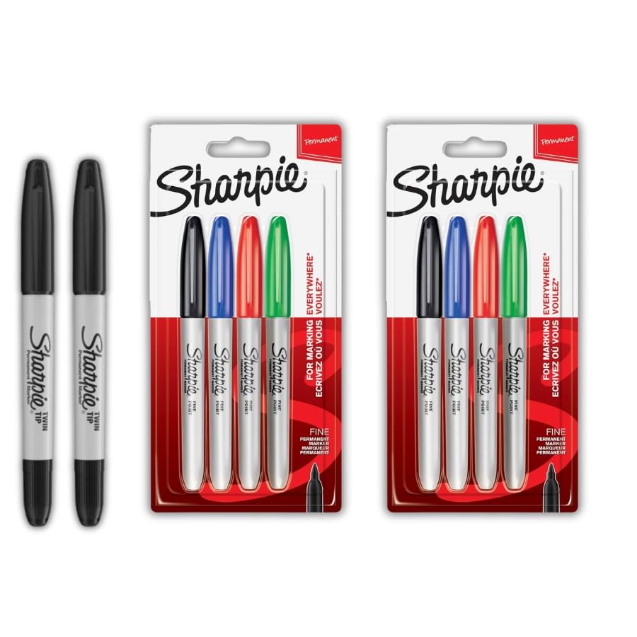 Sharpie Permanent Markers | Fine Point | Assorted Standard Colours | 4 Count (Pack of 2) + Twin Tip Black (Pack of 2)
