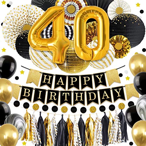 NICROLANDEE-40th-Birthday-Decorations-Balloon-Banner-Glitter-Happy-Birthday-Banner-Black-and-Gold-Paper-Lantern-Paper-Fan-Paper-Tissue-Tassel-for-Birthday-Anniversary-Decor-Party-Supplies-40th