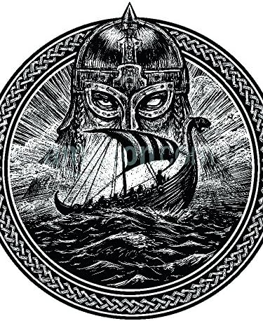 God Odin storm sea and Drakkar . Illustration of a circle. Viking emblem Viking ship. Norse God Poster Print, 18" x 24"