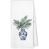XBBMGG Chinoiserie Kitchen Towels, Palm Leaves Botanical Decor Dish Hand Tea Towels, Blue and White Porcelain Leaves Decorative Towel for Bathroom Kitchen, 16x24 Inch