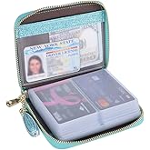 Easyoulife Womens Credit Card Holder Wallet Zip Leather Card Case RFID Blocking (Glitter Teal)