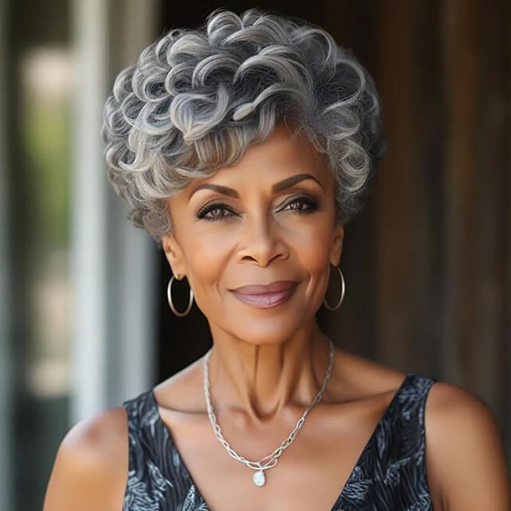 Qnbiar Pixie Cut Grey Wigs for Old Women Synthetic Short Curly Gray Hair Wig — image 1