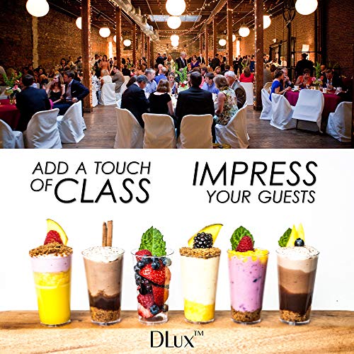 DLux 100 x 3 oz Mini Dessert Cups with Spoons, Shooter - Clear Plastic Parfait Appetizer Cup - Small Disposable Reusable Shot Glass for Tasting Party Shooters Desserts Appetizers - With Recipe Ebook