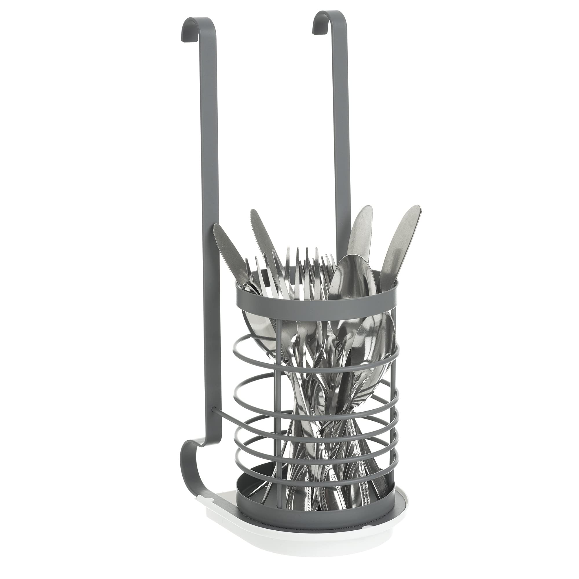 LIVIVO Hanging Utensil Holder – Modular Steel Kitchen Storage Cup for Rail Organizer – Rack for Cutlery, Utensils, Tongs, Ladles, Glasses – Grey Metal Basket Attachment (Utensil Holder Only)