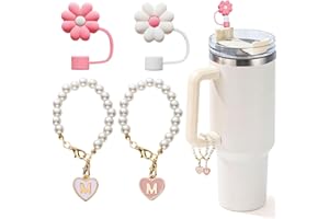 LUHOHI Charms for Stanley Cup，2pcs Pearl Chain for Stanley Cup Accessories Initial Letter Charms Handle with 2pcs Straw covers Stuff Decor Water Bottle Jewelry Tumbler Personalized Decorations Tag M