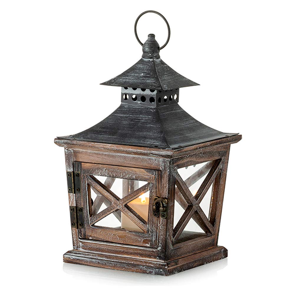 Nuptio Christmas Wooden Lantern for Candles: Distressed Candle Lanterns Indoor, Metal & Glass Candle Holders for Halloween Living Room Fireplace Tabletop Centrepieces Ornaments, 27cm Height